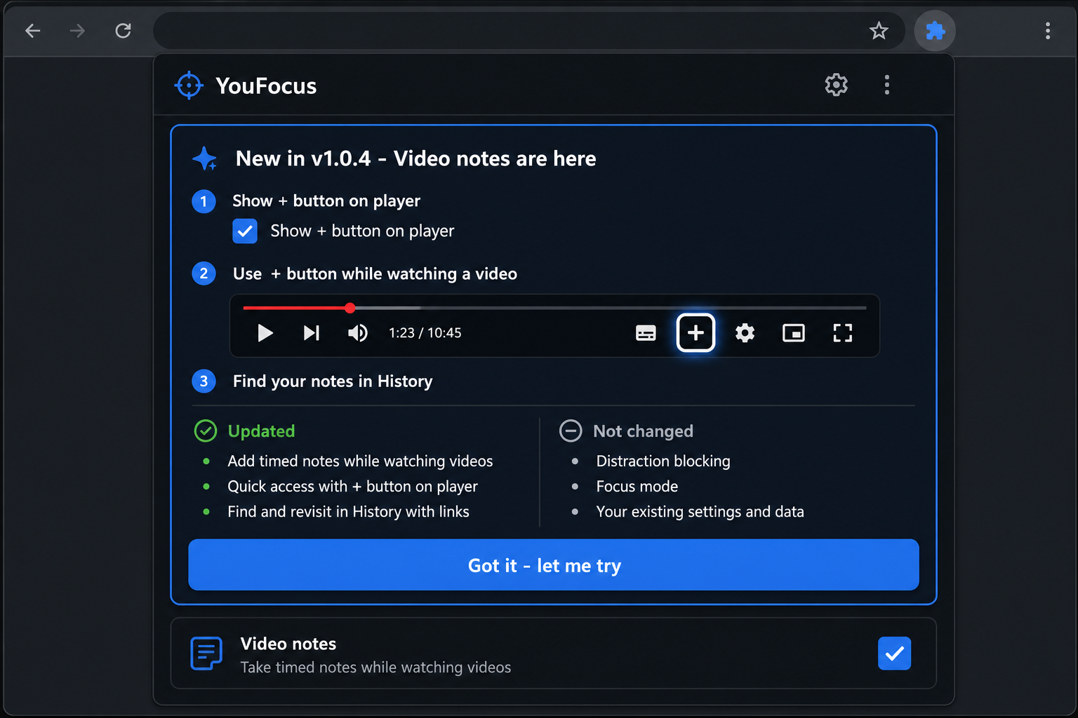 YouFocus What's new guide highlighting the Show + button on player setting
